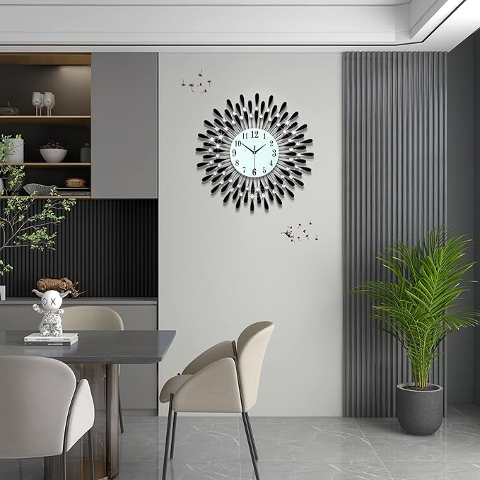 Large Wall Clocks for Living Room Decor Big Modern Silent Clock Non-Ticking for Bedroom Office Kitchen Home Decorative 24 Inch Round Black Clock Crystal Wall Art Decor for Indoor House