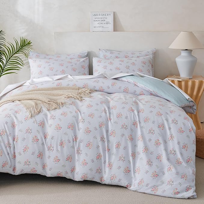 King Size Floral Comforter 3 Pieces Soft Chic Crinkle Gauze Fabric Garden Style Flower Print Botanical Comforter for All Seasons Luxury Warmth Comfy Breathable with 2 Pillowcases