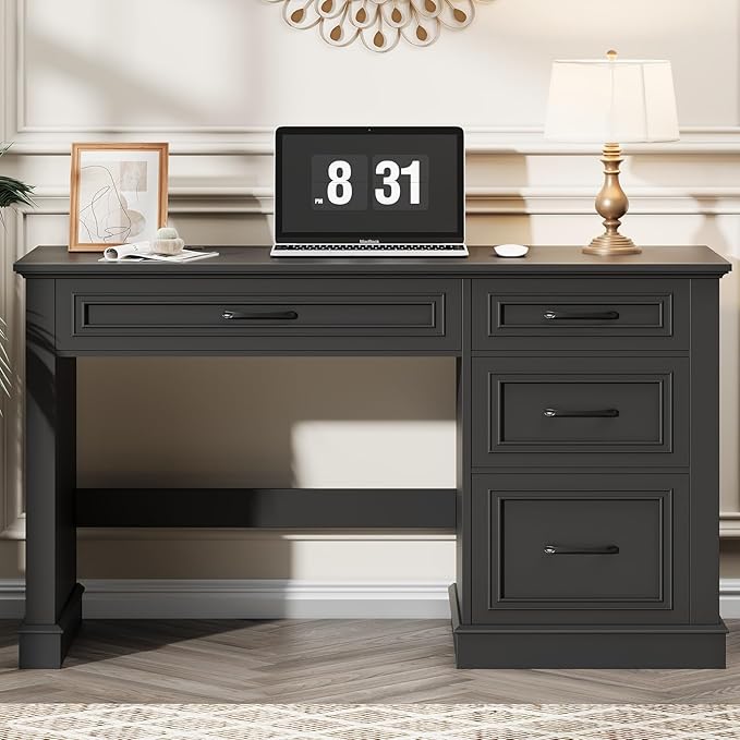 Farmhouse 47" Executive Desk, Computer Desk with Drawers and File Drawer, Workstation Computer Desk with Charging Station for Home Office, Study,(Pure Black)
