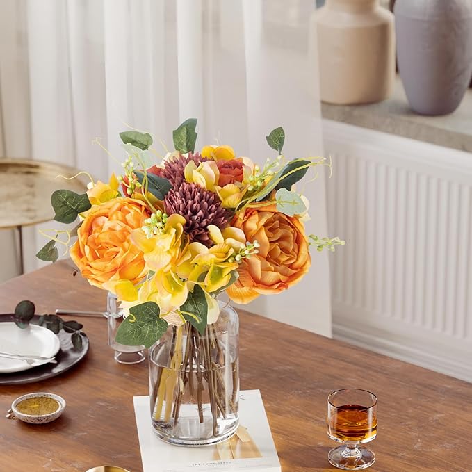 ASTRYAS 2 PCS Fall Peonies Artificial Flowers Bouquet, Yellow Fake Roses Silk Mums Fall Floral Arrangements for Autumn Home Decor Indoor Table Centerpieces Decoration