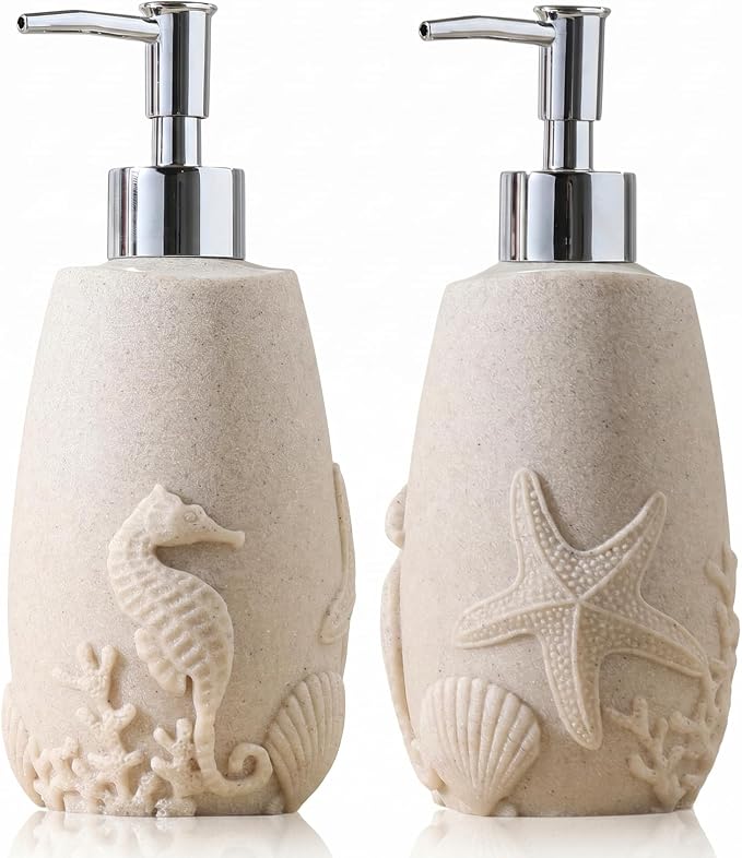 Soap Dispensers 350mL 11OZ, 2 PCS Luxurious Ocean Hand Dish Lotion Shampoo Soap Dispenser Jar, Sea Shell Soap Pump Bottles for Kitchen Bathroom Countertop Beige