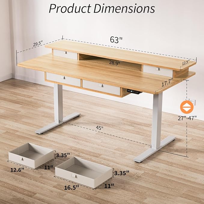 Kingant Standing Desk with Fast Charging USB Ports, 63" x 30" Height Adjustable Home Office & Gaming Desk, Sit Stand Desk with Built-in Storage Shelf, Hook & Ergonomic Design(Maple)