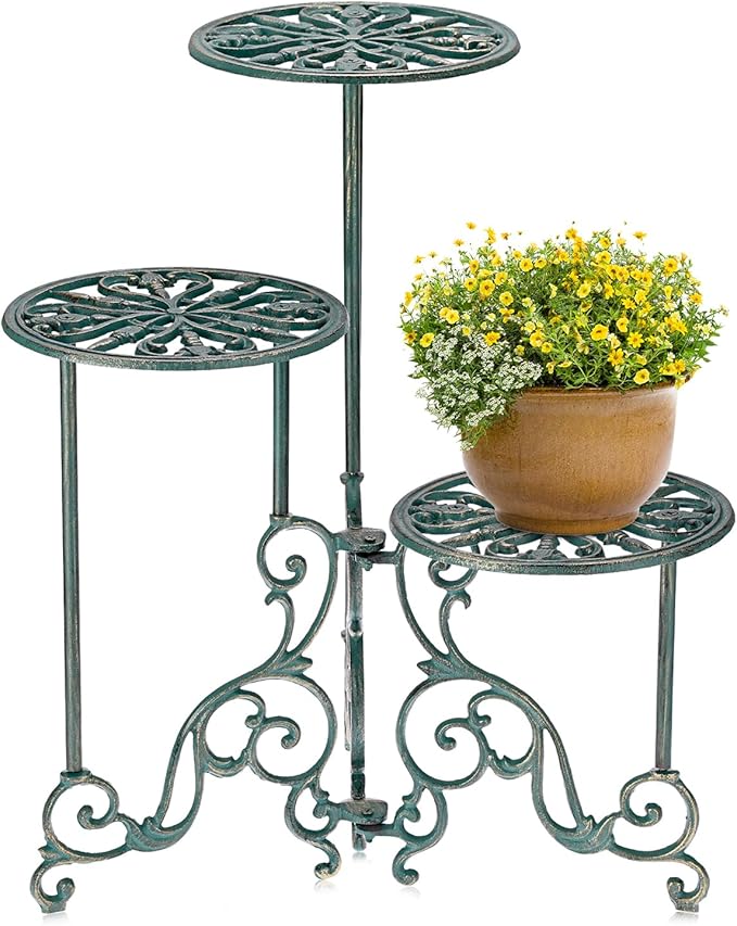 OwnMy 3 Tier Heavy Duty Cast Iron Plant Stand Foldable Wrought Iron Flower Pot Holder, Indoor Outdoor Tall Plant Stand Shelf for Garden Patio, Decorative Round Metal Plant Display Rack, Antique Green