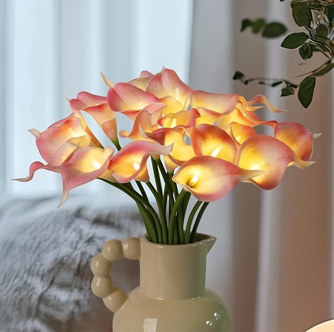 20pcs Lighted Artificial Calla Lily Bouquet Lamp Faux Floarl Night Light Real Touch Flower Night Lamp LED Calla Lily lighted Artificial Flower for Holiday Gifts Home Kitchen Decor(Light Pink)