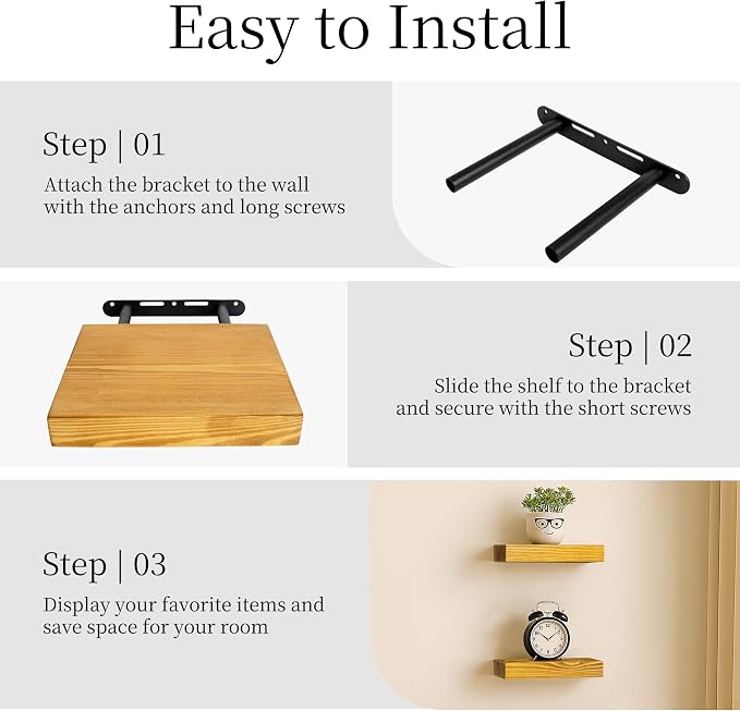 BGMG Small Wood Floating Shelves for Wall 8 inch Set of 2, Rustic Wooden Wall Mount Shelves for Living Room Bedroom Kitchen Farmhouse-8x6.7x1.25 inch- Gold Oak