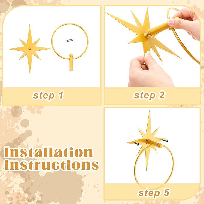 Reallnaive Mid Century Towel Ring Holder for Bathroom Modern Gold Atomic Starburst Hand Towel Holder Starburst Mid Century Bathroom Accessories Retro Decor
