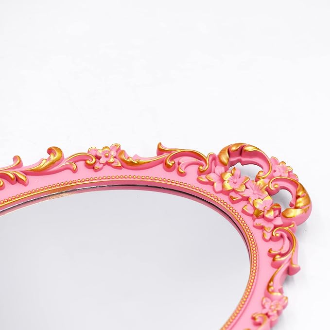 Tstarer 2PACK - Vintage Decorative Pink Framed Mirror, Wall Hanging Mirrors & Tabletop Tray for Bedroom Living Room Dresser Decor, Oval- 9.6" W x 14.3" L (PINK-2PACK)