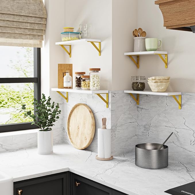 YGEOMER White Shelves for Wall, Different Sizes Wall Floating Shelves for Living Room, Bathroom, Bedroom, Kitchen, Home Decor (Set of 4)