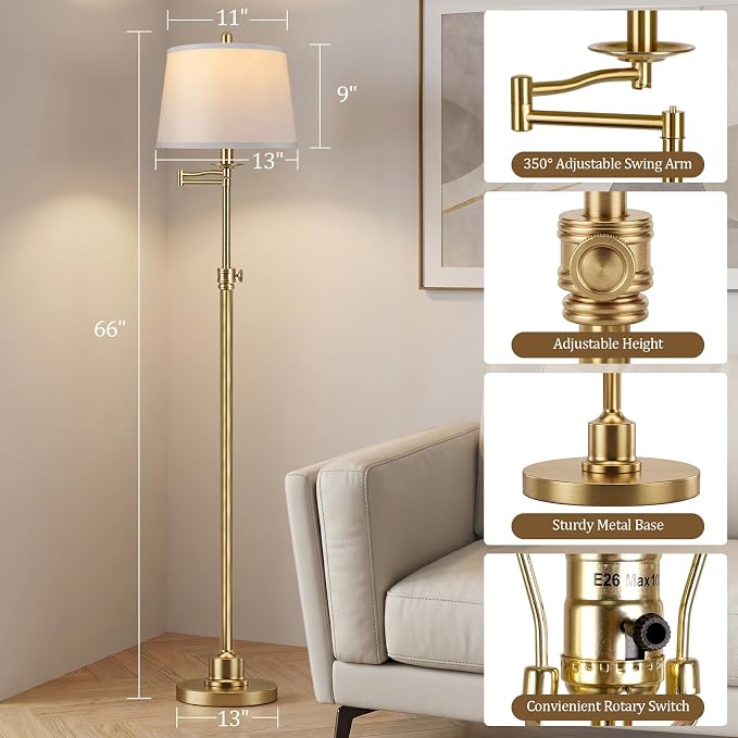 Vintage Floor Lamp for living room, Brushed Antique Brass Farmhouse Standing Lamp with 350° Swivel Swing Arm, 56.6''-66'' Mid Century Modern Height Adjustable Tall Lamp for Bedroom (LED Bulb Included)