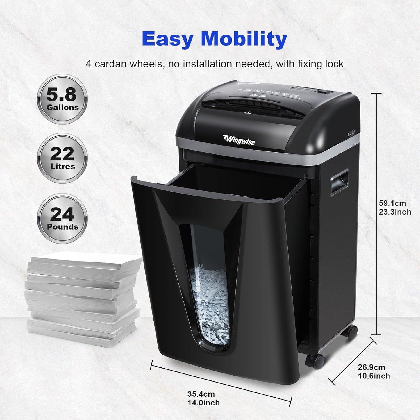 Wingwise 15-Sheet Paper Shredder - Quiet 58dB Operation, P4 Cross-Cut Security | 5.8-Gallon Bin, Shreds Credit Cards & CDs