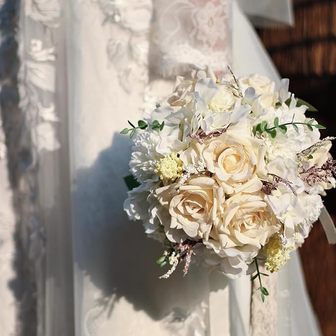 Wedding Bouquets for Bride Bridesmaid,Large Big Bridal Bouquet White Champagne Ivory Artificial Fake Silk Roses Flowers for Wedding French Vintage Boho Rustic Church Decoration Toss Bouquet (9.5in(L))