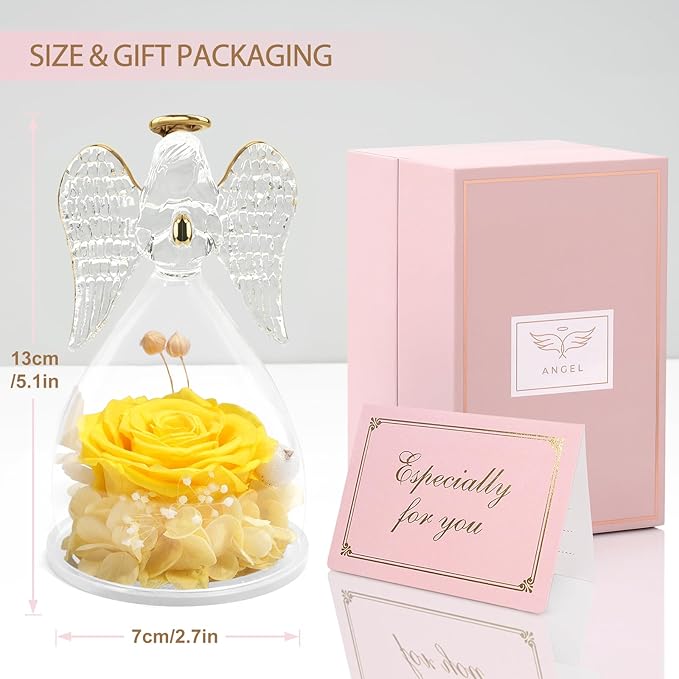 Yamonic Mom Birthday Gifts for Mom,Angel Figurines with Real Rose Gifts for Her Mom Grandma,Preserved Flowers Rose Angel Figurines for Mothers Day Christmas Anniversary Birthday Gifts for Wife(Yellow)