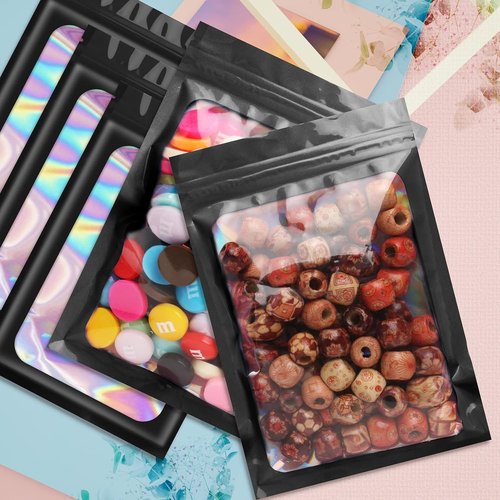 Funfery 100 Pcs Black Holographic Mylar Packaging Bags - Resealable Odor Proof Foil Pouches (4x6 In) | Ideal for Food, Snacks, Jewelry, and More