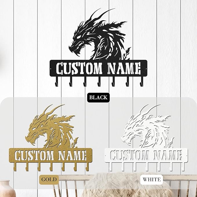 LOWACOS Personalized Dragon Key Holder, Custom Metal Dragon Key Hooks with Name, Large Black Metal Wall Hooks Rack, Custom Jacket Organizer for Gameroom, Bedroom, Entryway, Gifts for Men(8in)