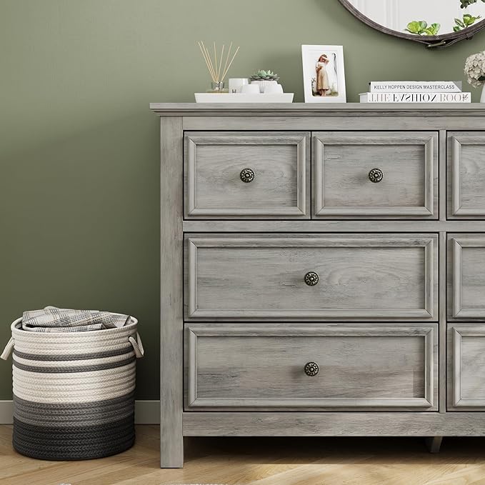 LGHM Dressers for Bedroom with 8 Drawers,54" Long Dresser Wood Legs, Modern Farmhouse Wood Chest of Drawers, Wide Dresser with Deep Drawers, Light Gray
