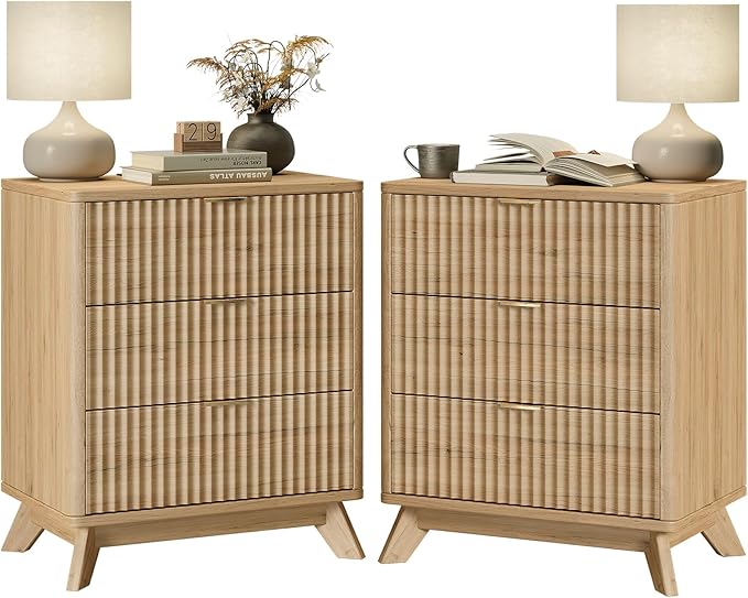 30" Tall Fluted NightStand Set of 2,Modern Side Table with Storage, 3 Drawers End Table with Charging Station,Night Stand Wood Bedside Tables for Bedroom,Curved Profile Design,Natural Oak