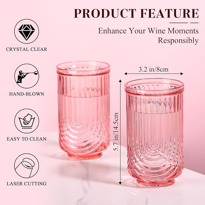 Pink Vintage Drinking Glasses Set of 6-17oz Hand-Blown Highball Ribbed Glassware, Arch Design Cocktail Glasses for Whiskey Water Beverages Ice Coffee Juice Milk