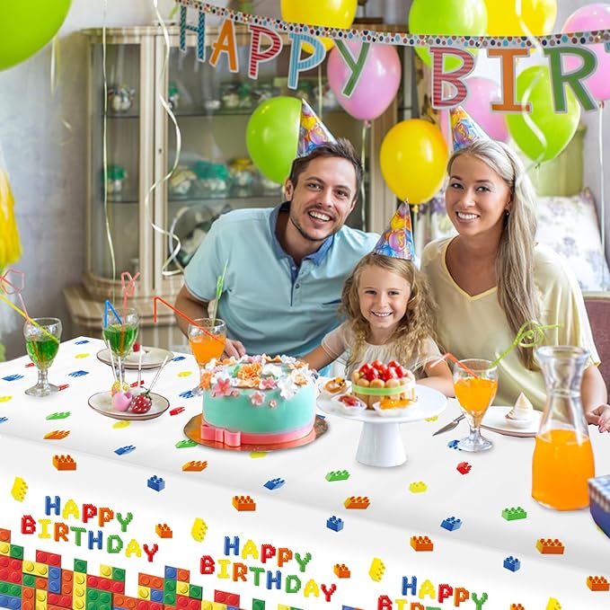 3 Pack Building Block Party Tablecloth Building Block Disposable Plastic Table Cover for Children Kids Blocks Birthday Party Supplies, 54 x 108 Inch