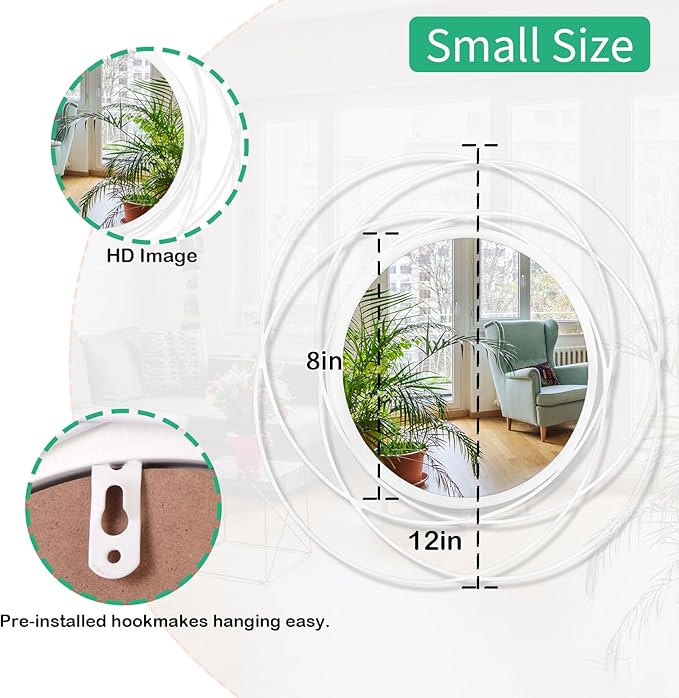 Mirrors Wall Decor Iron Frame Round Art Wall Mirrors Home Decoration Hanging Mirrors for Living Room Bedroom Bathroom Entryway White 12” x 12”