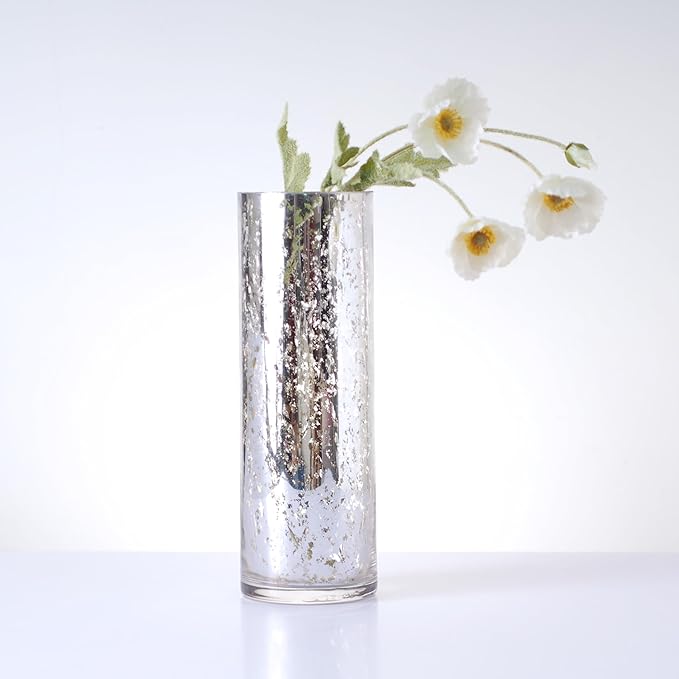 Hosley Silver Mercury Glass Vase Set of 2 Pcs, Large Glass Vases for Flowers, Vases in Bulk, Vintage for Centerpieces, Ideal for Home Décor, Livingroom, Office, Spa