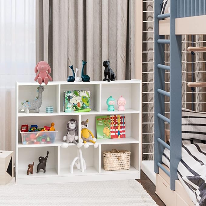 Toy Storage Organizer, 3-Tier Kids Bookshelf, 8 Cube Kids' Bookcases, Cabinets & Shelves, Wooden Toy Organizers, Small Book Shelf for Bedroom, Playroom, Classroom, Nursery (White)