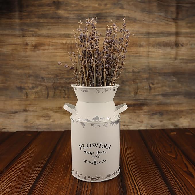 Galvanized White Milk Can Antique Retro Vase Metal Planter Rustic Vintage Primitive Flower Holder Farmhouse Country Plant for Home Office Decor, 7.5”
