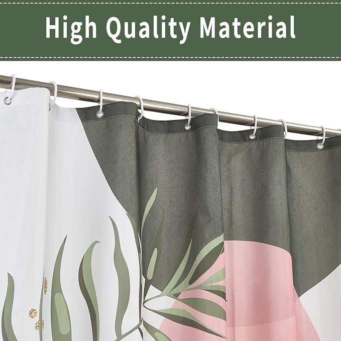 Boho Mid Century Shower Curtain, Pink Modern Minimalist Abstract Geometric Sage Green Gold Plant Leaves Bathroom Curtains Washable Waterproof Fabric Buthtub Curtain Set with Hooks 60" Wx72 L