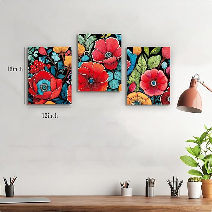 Abstract Colorful Floral Canvas Pictures Boho Wall Art Watercolor Flower Palnt Posters Bathroom Wall Decor Plant Flowers Paintings Framed rtwork for Bedroom Living Room Home Decoration 12x16 3 pcs
