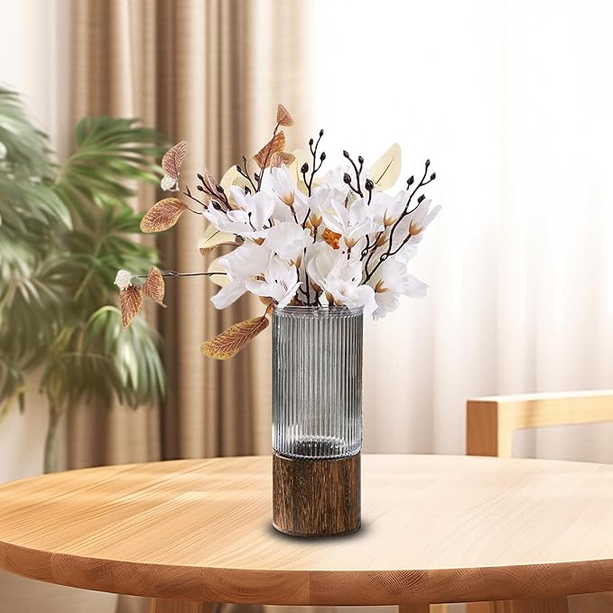 Wooden Vase, Glass Vase with Wooden Base Cylindrical Flower Vase, Classic Boho Rustic Style for Fireplace Bedroom Kitchen Living Room Centerpieces Office Desk, 10" H (Vertical Grain)