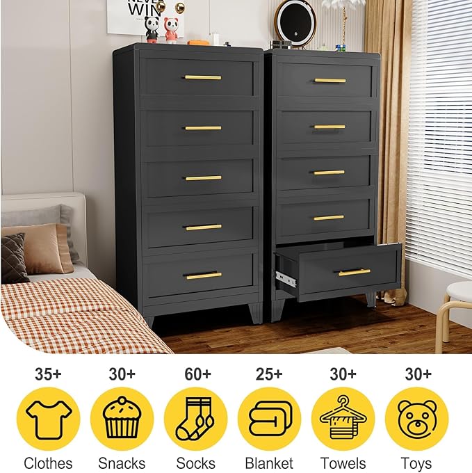 5 Drawers Dresser for Bedroom, 53.46" Tall Metal Dressers & Chest of Drawer Curved Corner Design, Storage Organizer Drawer Chest with Large Capacity for Living Room, Entryway, Hallway, Black