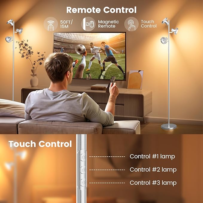 SIBRILLE 36W LED Tree Floor Lamp, Modern Dimmable Standing Lamp with Remote & Touch Control, 4 Color Temperatures, 3 Rotatable LED Light Floor Lamps for Living Room, Bedroom, Office