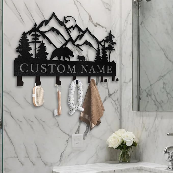 Kotagi Personalized Key Holder for Wall - Custom Name Metal Black Bear Coat Hook Key Holder Wall Mount, Key Hooks on Wall, Key Rack Hanger Organizer for Entryway, Front Door, Hallway, Home Decor