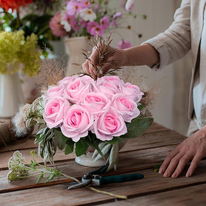 12 Pcs Artificial Rose Flowers, Silk Roses with Long Stems, Realistic Fake Roses for Wedding Centerpiece Party Home and Office DIY Decor, Pink