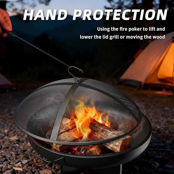HEAHOLD 24 Inch Fire Pit for Outside Outdoor Wood Burning Firepit Bowl Heavy Duty Steel Bonfire Pit for Patio Backyard Camping Deck with Spark Screen, Log Grate & Poker