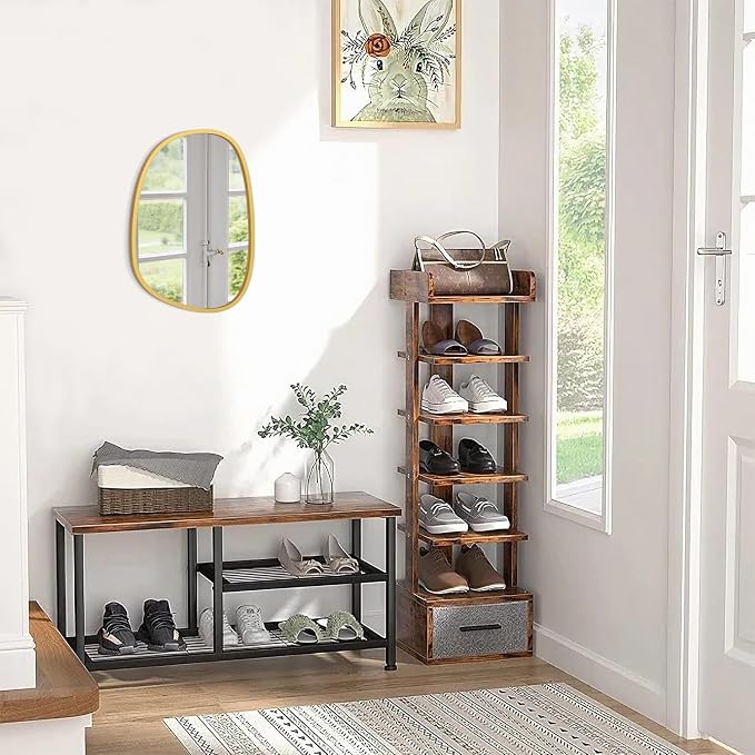 Irregular Wooden Framed Mirror for Wall Modern Asymmetrical Unique Hanging Mirror Artistic Unique Oval Shape Wall Mirror Decor Bathroom Vanity Bedroom Living Room Entryway Hallway Small