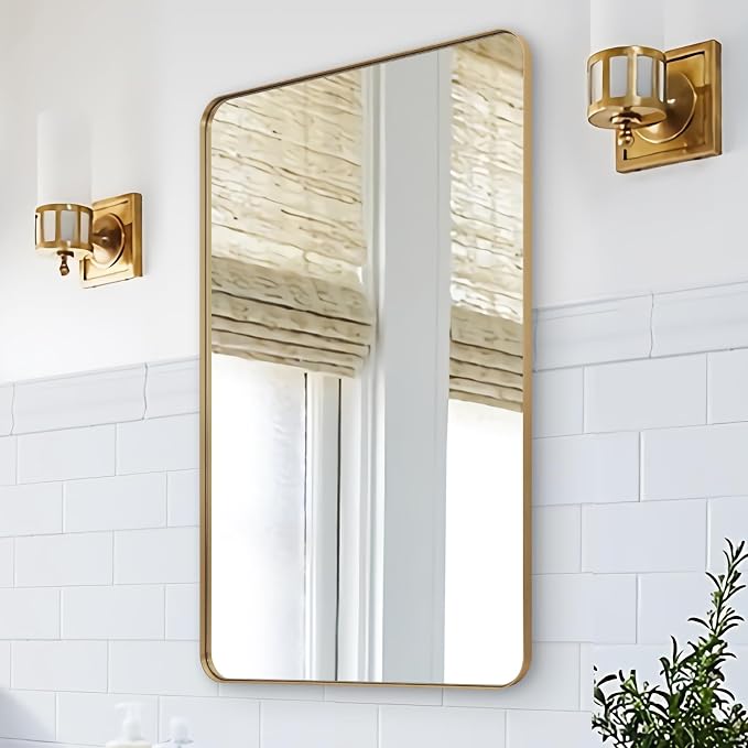 ANDY STAR 24x40 Inch Gold Bathroom Mirror, Stainless Steel Metal Frame with Rounded Corner, Rectangle Glass Panel Wall Mounted Mirror Decorative for Bathroom