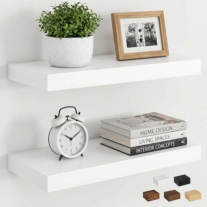 Dreamland White Floating Shelves, Wall Mounted Shelves for Storage and Home Decor, Rustic Wood Shelves for Bathroom, Living Room, Bedroom and Kitchen, 16" x 6.7" Set of 2