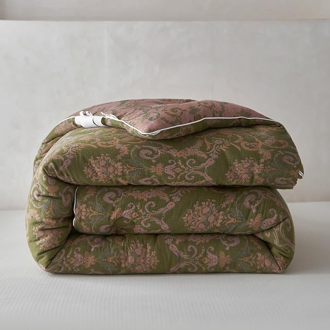 HighBuy Queen Comforter Set Muslin Cotton Bedding Set Paisley Floral Print Comforter Luxury Breathable Boho Comforter Sets Green,1 Lightweight Comforter (90"x90") and 2 Pillowcases (20"x26")