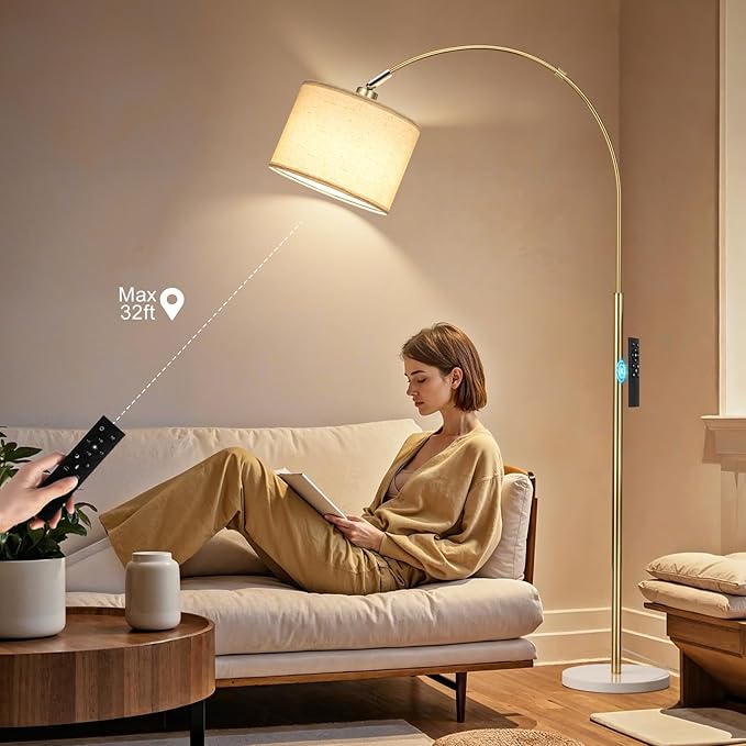 Ambimall Dimmable Arc Floor Lamp with Remote, Color Temperatures and Brightness Adjustable, Arched Floor Lamp with Rotating Head, Over Couch Arched Reading Light for Living Room (Marble Base)