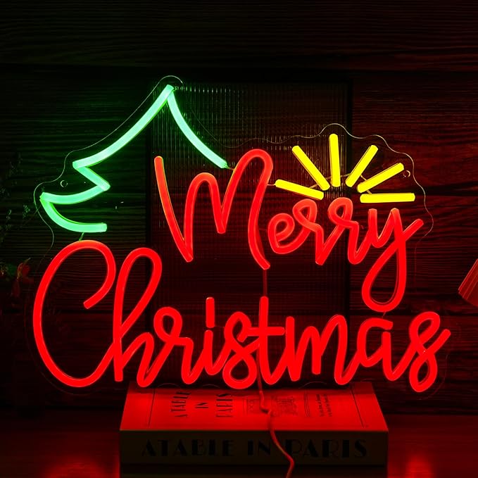 Merry Christmas Neon Sign USB Power Sunshine Light Up Sign Dimmable Christmas Tree Led Neon Light for Christmas Party New Year Home Wall Decor (Dimmable USB)
