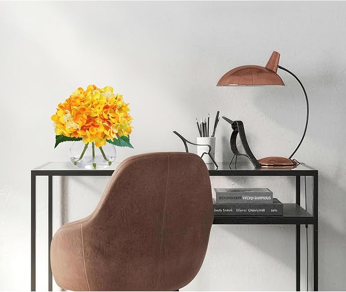 Hydrangea Artificial Flowers in Glass Vase, Orange Silk Fake Flowers Silk Centerpiece Table Decorations for Dining Room， Coffee Table Decor，Wedding, Home with Faux Water Decor（Orange）