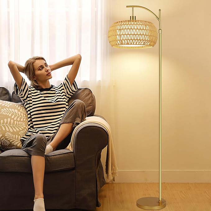 ZECOXOL Gold Floor Lamps for Living Room Rattan Boho Floor Lamp with Remote Control & 3 Color Temperature,Dimmable Arc Floor Lamps Brass Standing Lamp Tall Floor Lamp for Bedroom Living Room Corner