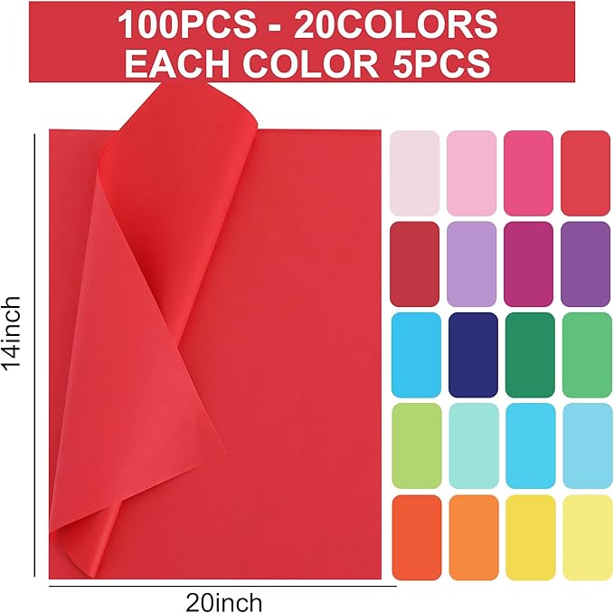 BEISHIDA Colored Tissue Paper Bulk-20 Colors, Multicolor Wrapping Tissue Paper for Gift Bags, 14 x 20 Inch Gift Wrap for Birthday Wedding Graduation DIY Crafts Holiday Flowers(100 Sheets)