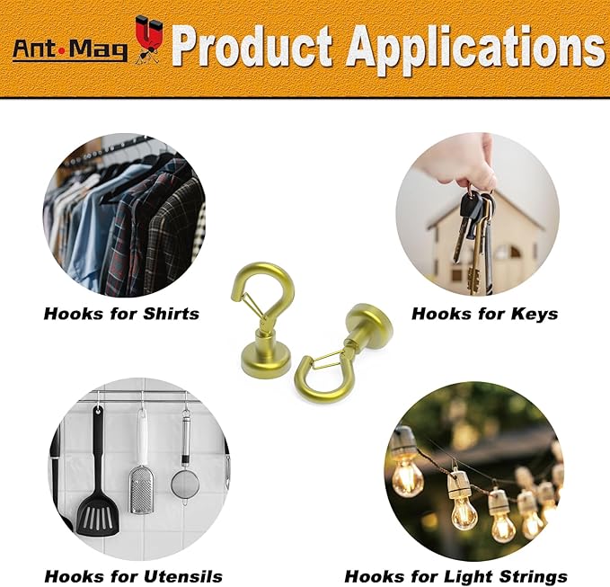 Ant Mag Magnetic Hooks Heavy Duty with Snap 22lbs Strong Gold Magnet Hooks Great Hanging for Refrigerator, Cruise Cabin, Grill, Wreath,Kitchen,Office 8 Pack
