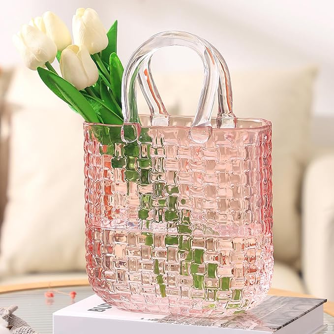 Glass Purse Vase for Flowers, Pink Purse Flower Vase, Large Glass Bag Vases, 10 Inch Handbag Shaped Vases for Home, Living Room, Bedroom, Table, Office Decor