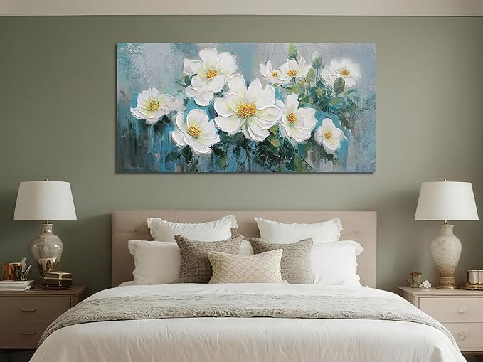 Ardemy White Floral Canvas Wall Art Large Teal Textured Pictures Wall Decor Turquoise Paintings Artwork for Living Room Bedroom Home Office, 48"x24"