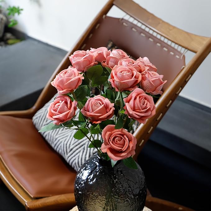 12 Pcs Artificial Rose Flowers, Silk Roses with Long Stems, Realistic Fake Roses for Wedding Centerpiece Party Home and Office DIY Decor, Cappuccino