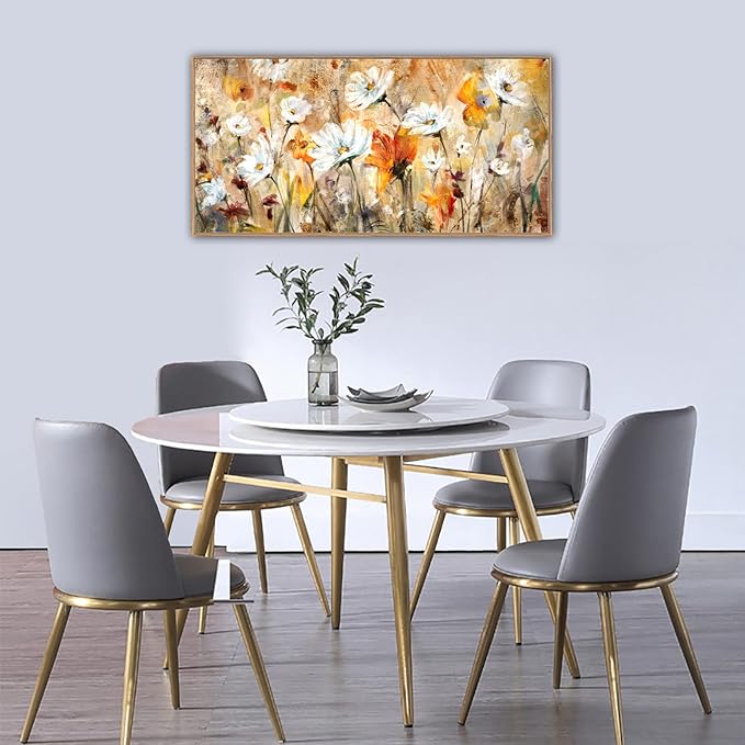 Framed Abstract Floral Wall Art for Living Room Decor Flowers Canvas Wall Pictures White Red Orange Yellow Brown Modern Daisy Artwork Canvas Prints Bedroom Kitchen Office Home Wall Decor 20"x 40"