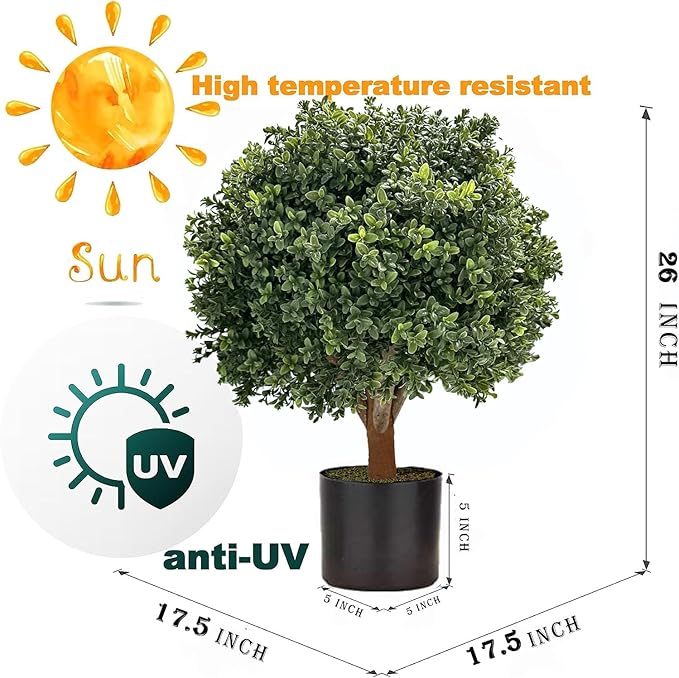 26''T 17D'' Artificial Boxwood Topiary Ball for Outdoors, Set of 2 Potted Bushes, Artificial Boxwood Plants for Front