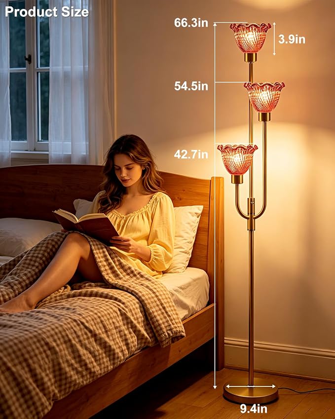 Lightdot 3-Lights Glass Floor Lamp 66IN Modern Gold Dimmable Floor Lamps with 3000K Warm White Bulbs for Wedding Party Tall Standing Lamp with Deep Red Glass Shade for Living Room/Bedroom/Home Decor
